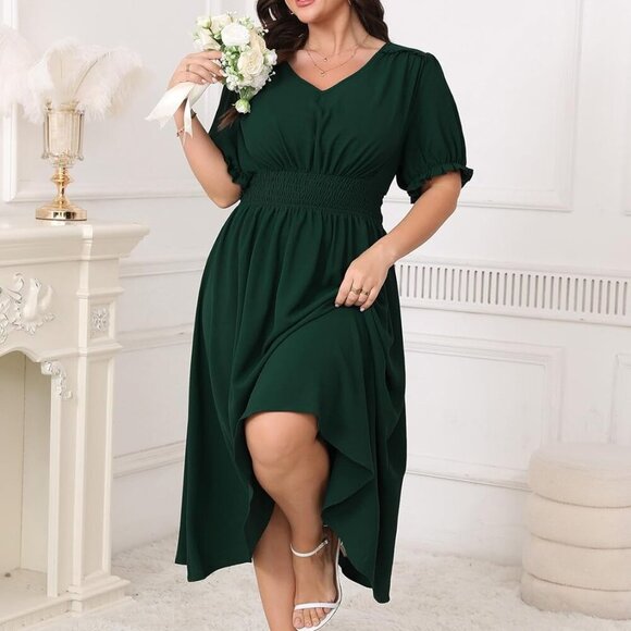 Women's Plus Size Midi Dress V Neck Short Sleeve Boho Elegant Wedding Party - Picture 3 of 6